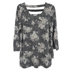 Bobeau Womens Floral Long Sleeve Gray Scoop Neck Tunic Blouse Relaxed Top XL